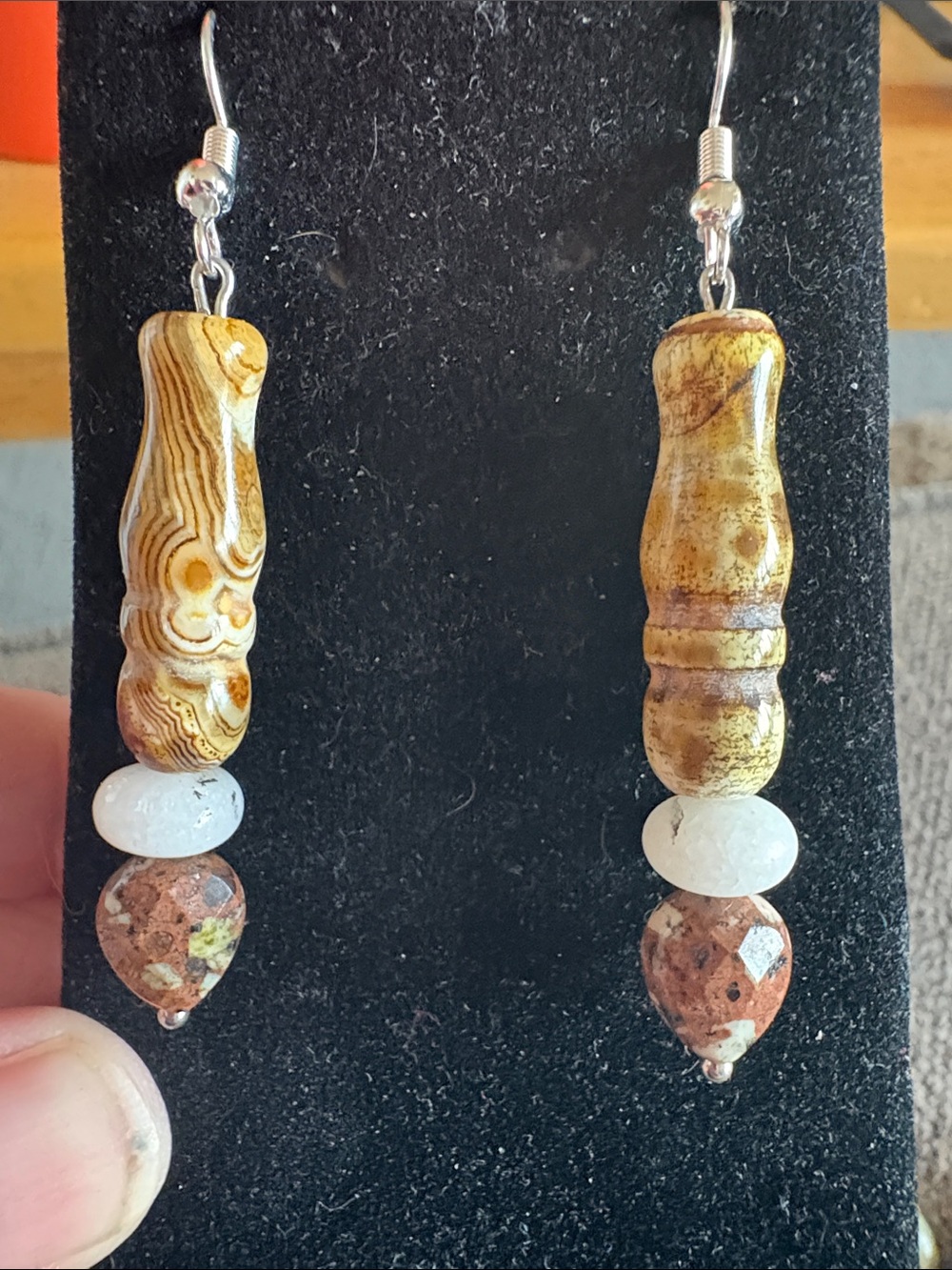 Hand Crafted Tan and White Carved Stone Bead Dangle Earrings